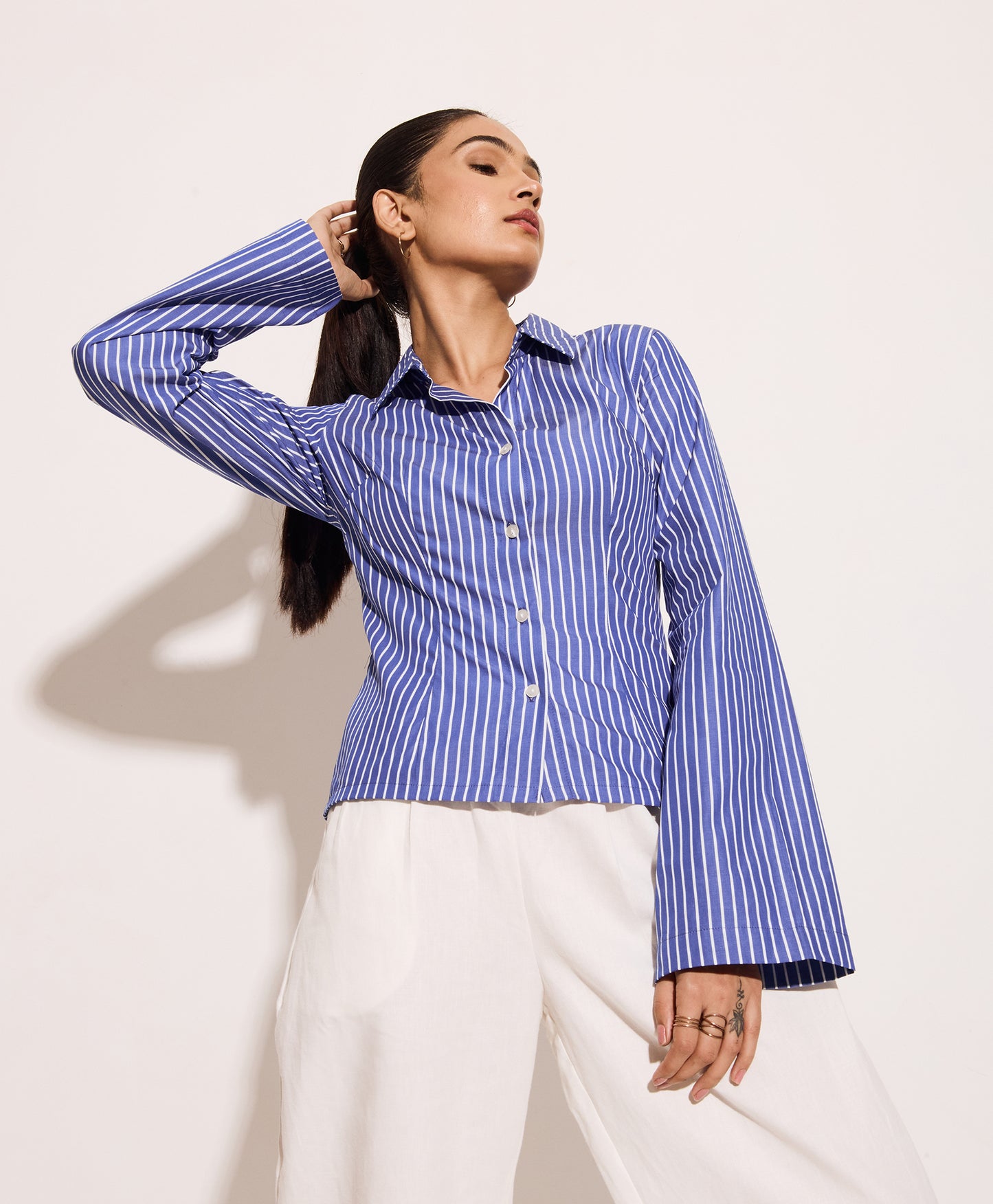 Bold Blue Striped Fitted Shirt – Cotton Poplin Shirt with Tie-Back Detail