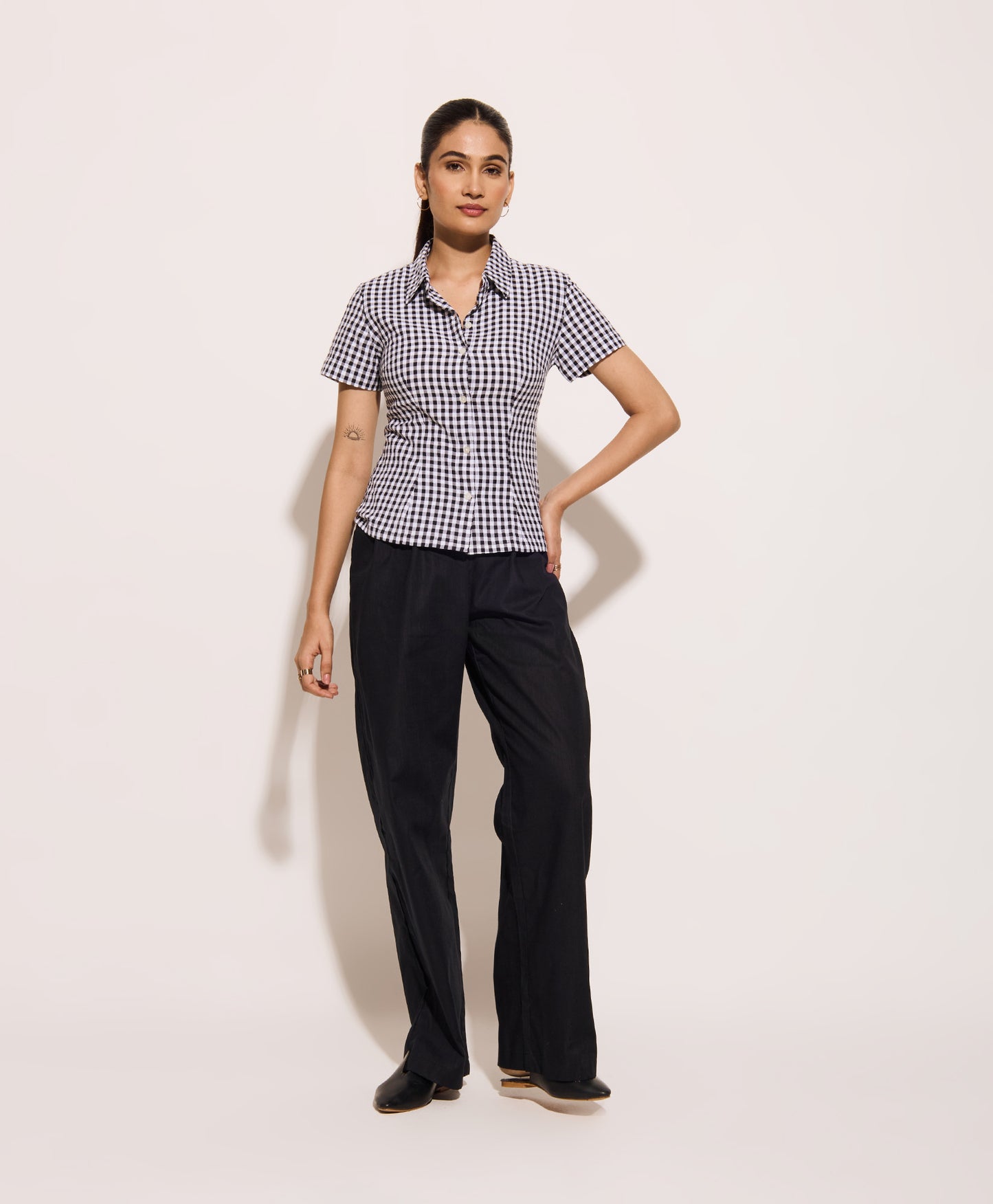 Black Gingham Half Sleeves Fitted Shirt – Cotton Seersucker Shirt with Tie-Back Detail