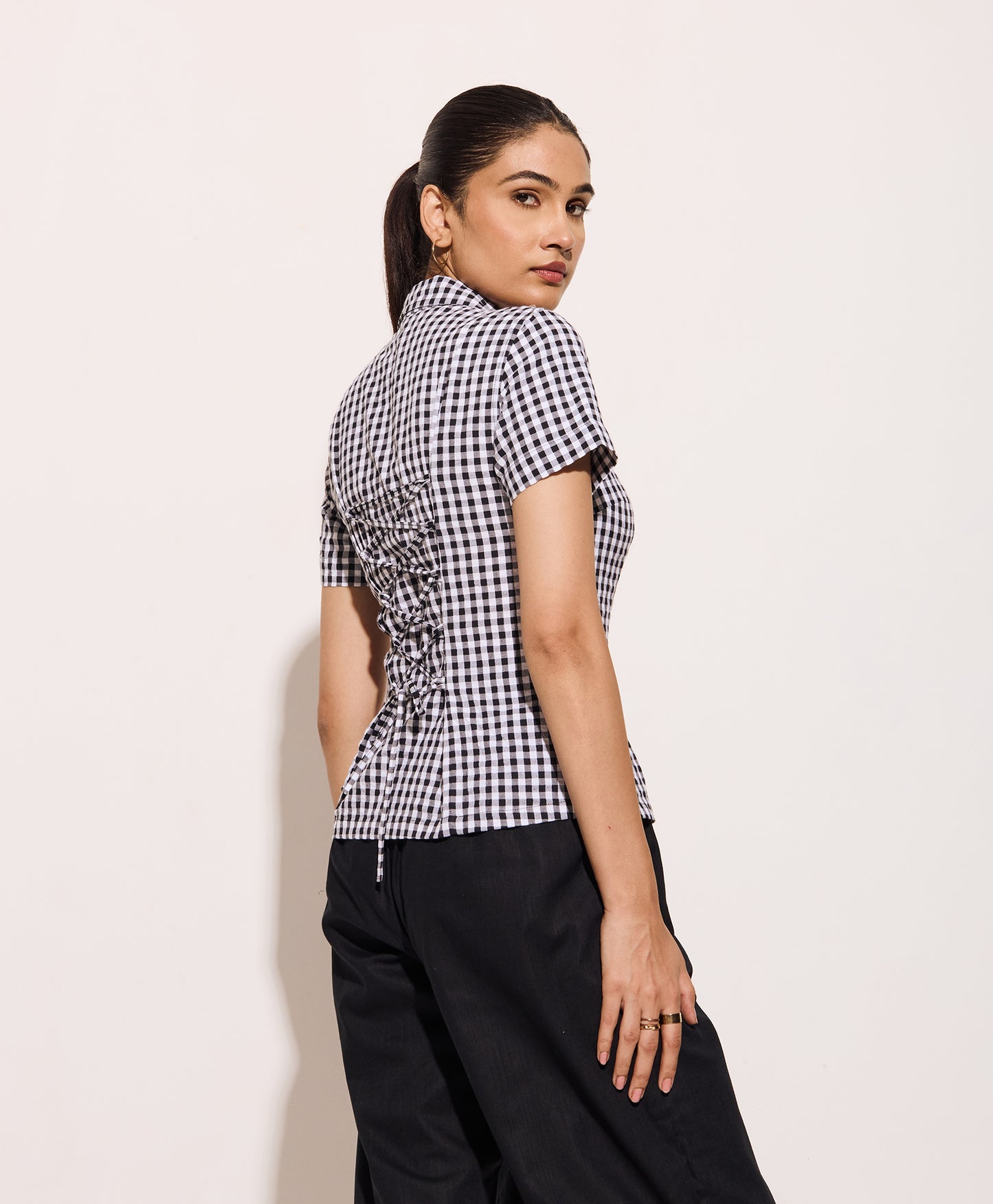 Black Gingham Half Sleeves Fitted Shirt – Cotton Seersucker Shirt with Tie-Back Detail