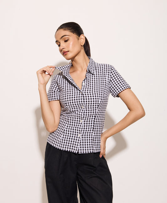 Black Gingham Half Sleeves Fitted Shirt – Cotton Seersucker Shirt with Tie-Back Detail
