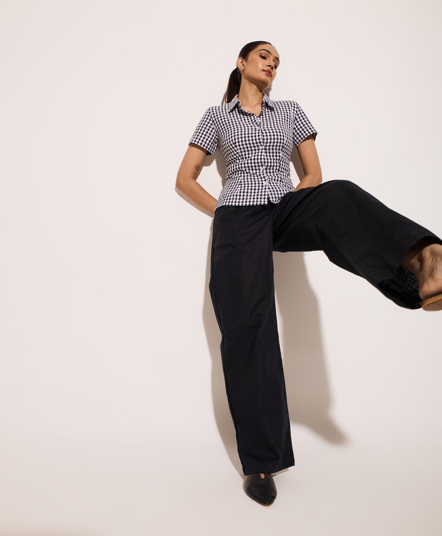 Black Gingham Half Sleeves Fitted Shirt – Cotton Seersucker Shirt with Tie-Back Detail