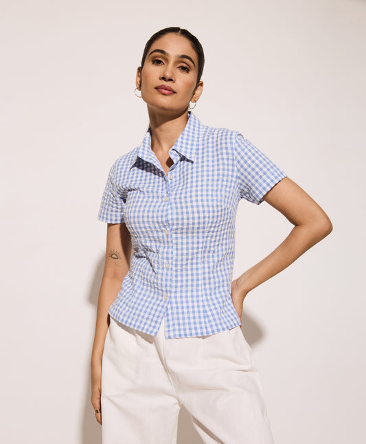 Blue Gingham Half Sleeves Fitted Shirt – Cotton Seersucker Shirt with Tie-Back Detail