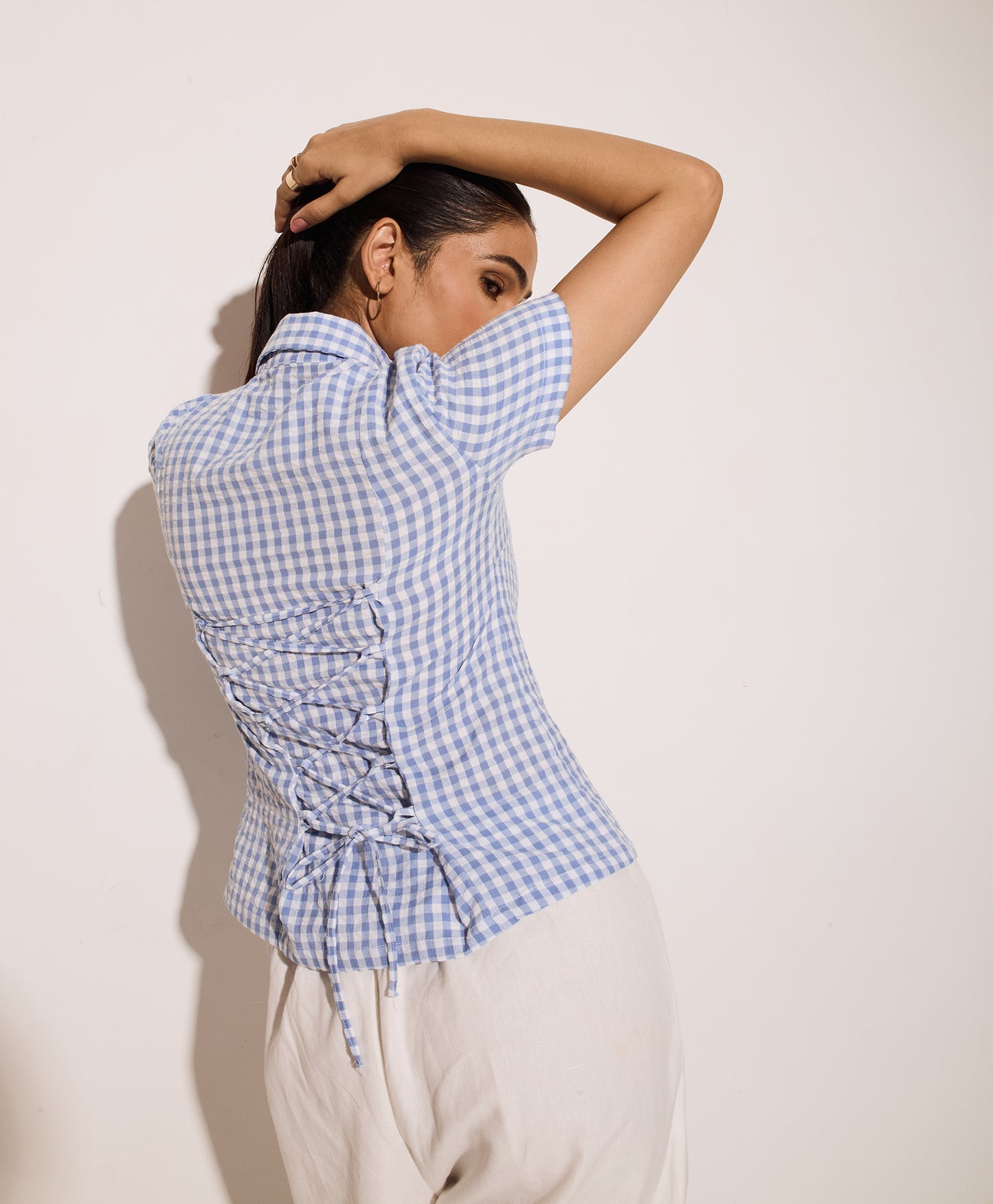 Blue Gingham Half Sleeves Fitted Shirt – Cotton Seersucker Shirt with Tie-Back Detail