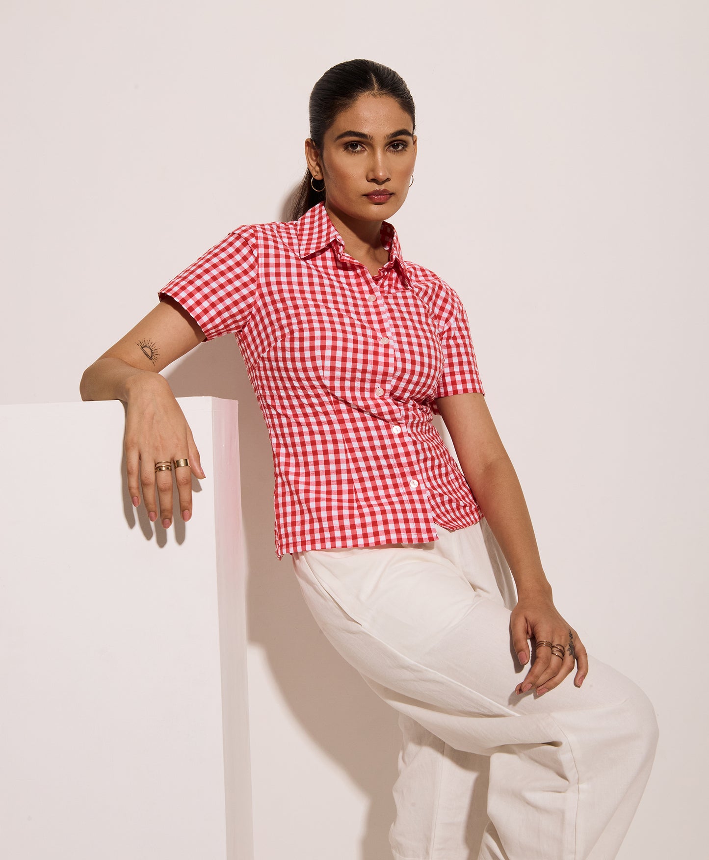 Red Gingham Half Sleeves Fitted Shirt – Cotton Seersucker Shirt with Tie-Back Detail