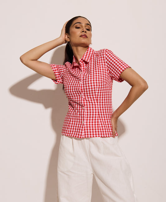Red Gingham Half Sleeves Fitted Shirt – Cotton Seersucker Shirt with Tie-Back Detail