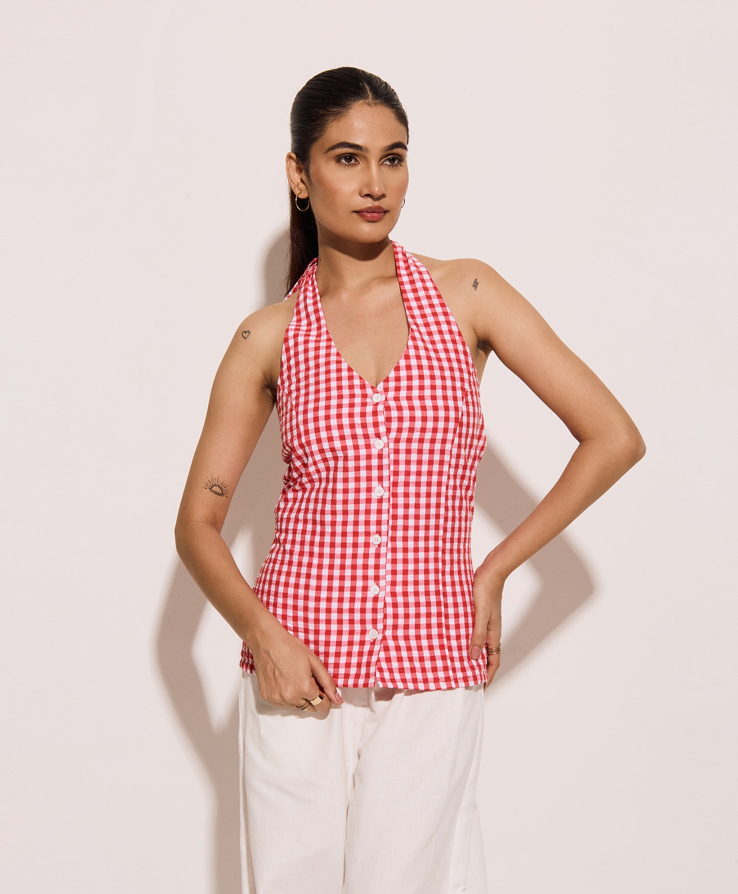 Red Gingham Halter Neck Fitted Shirt – Cotton Seersucker Shirt with Tie-Back Detail