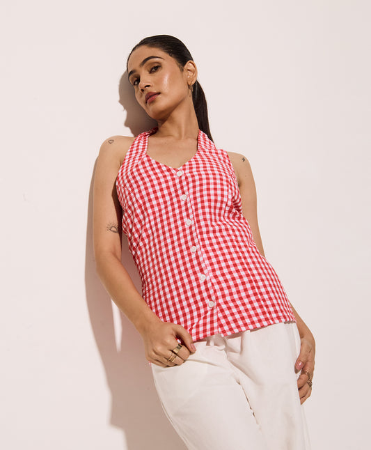 Red Gingham Halter Neck Fitted Shirt – Cotton Seersucker Shirt with Tie-Back Detail