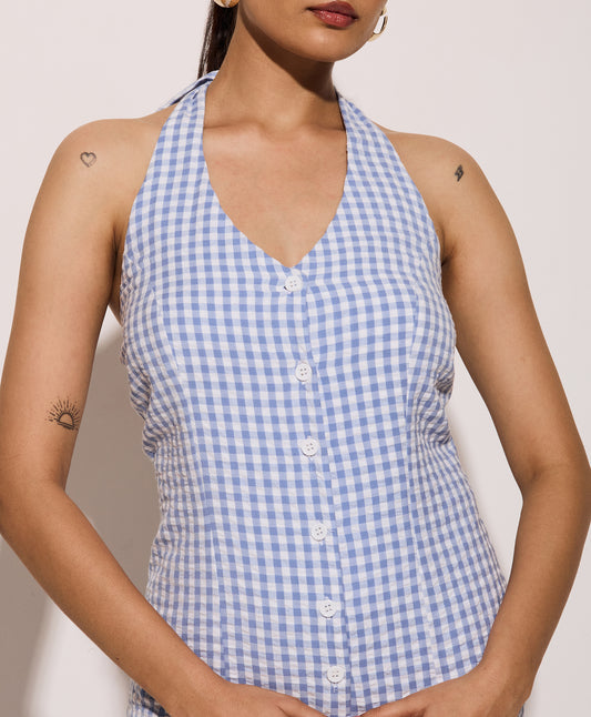 Blue Gingham Halter Neck Fitted Shirt – Cotton Seersucker Shirt with Tie-Back Detail
