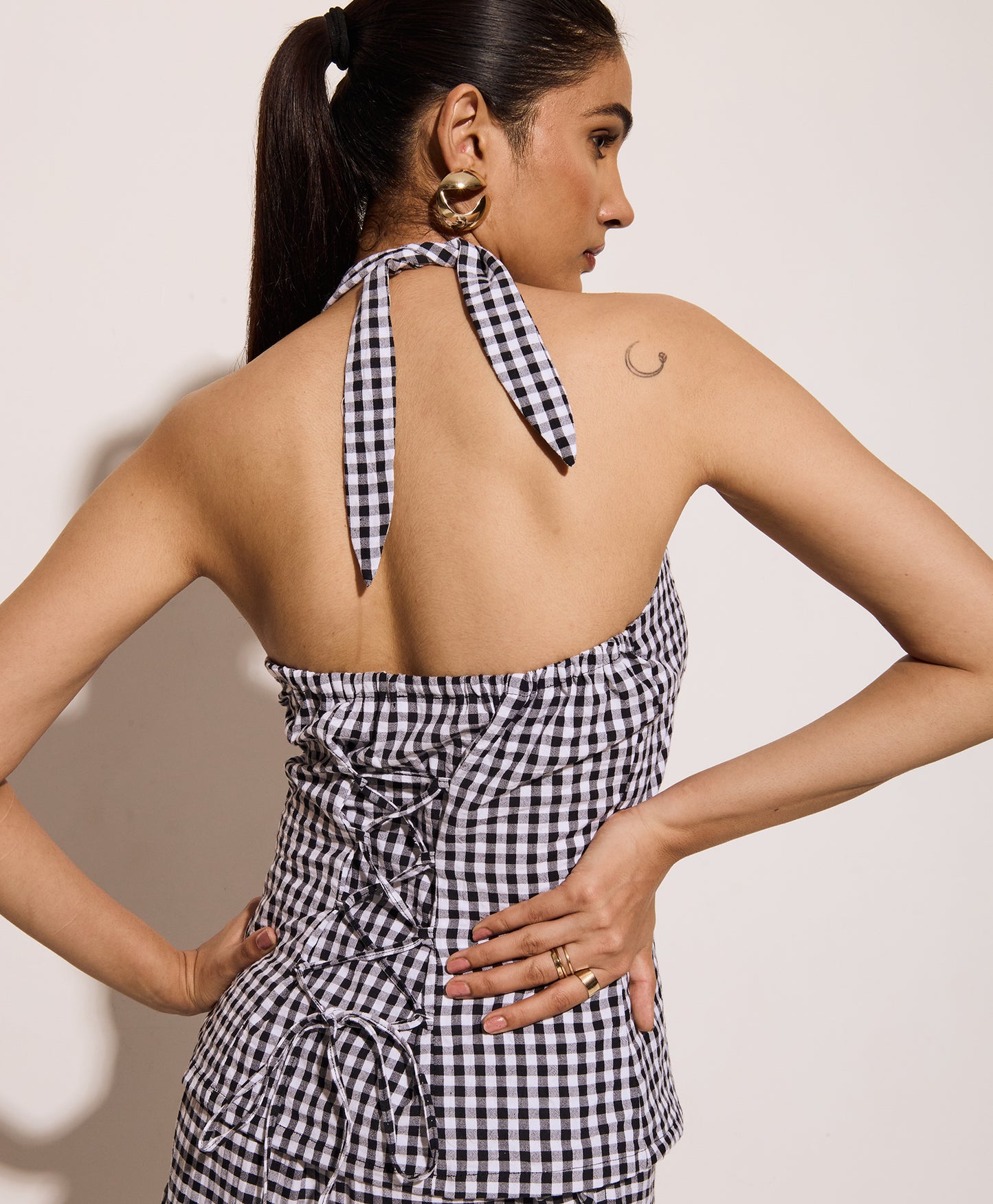 Black Gingham Halter Neck Fitted Shirt – Cotton Seersucker Shirt with Tie-Back Detail