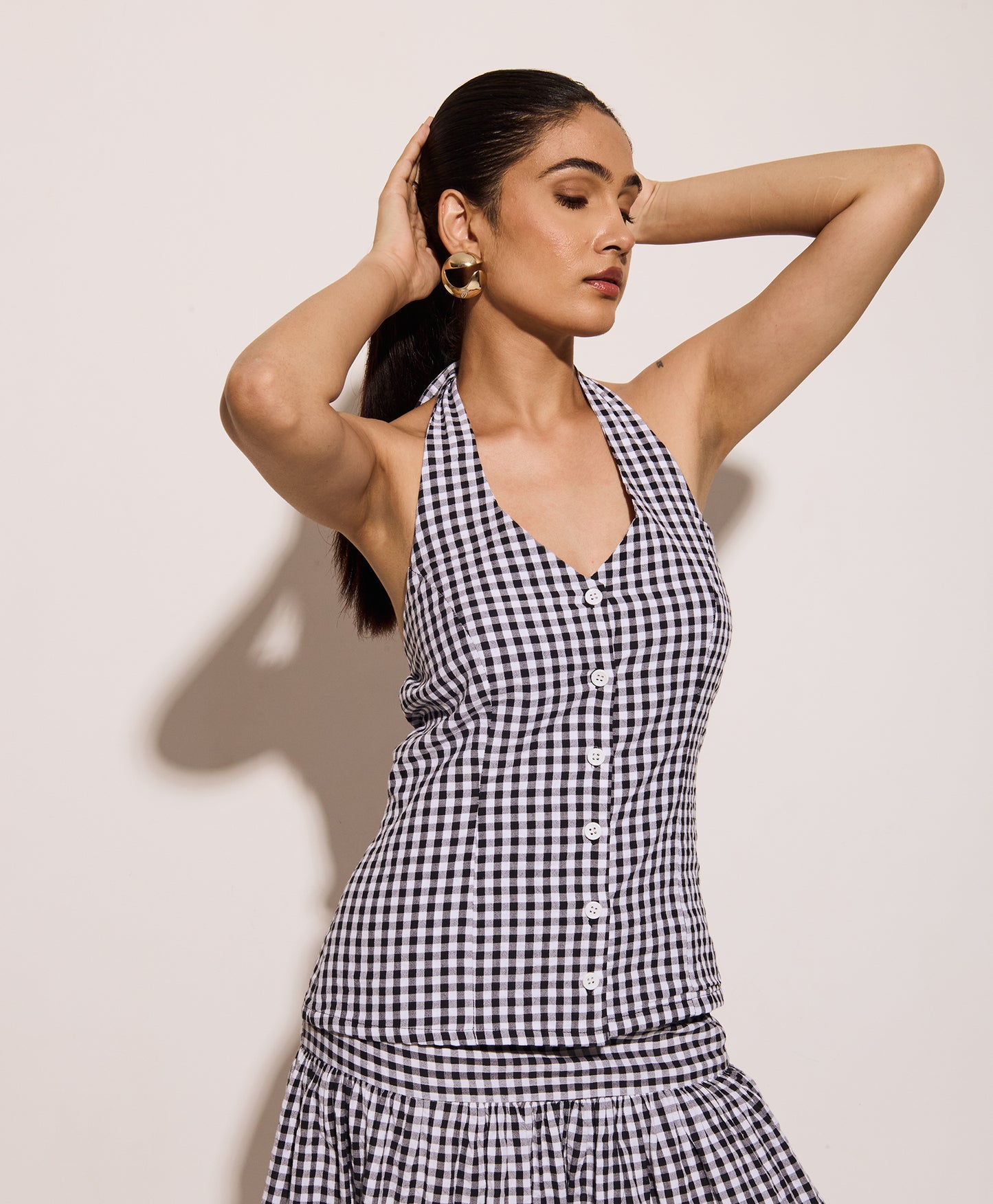 Black Gingham Halter Neck Fitted Shirt – Cotton Seersucker Shirt with Tie-Back Detail