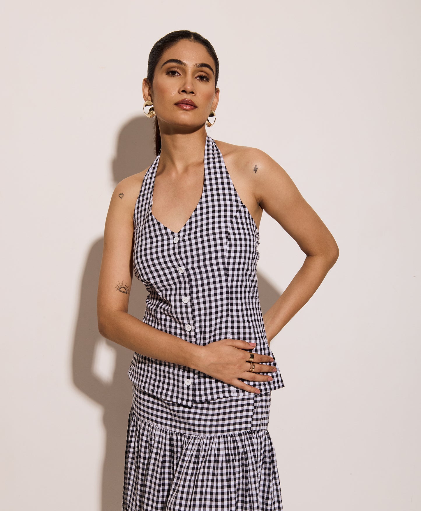 Black Gingham Halter Neck Fitted Shirt – Cotton Seersucker Shirt with Tie-Back Detail