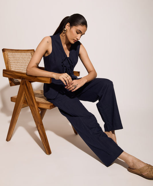 Navy Blue Linen Tie Up Vest