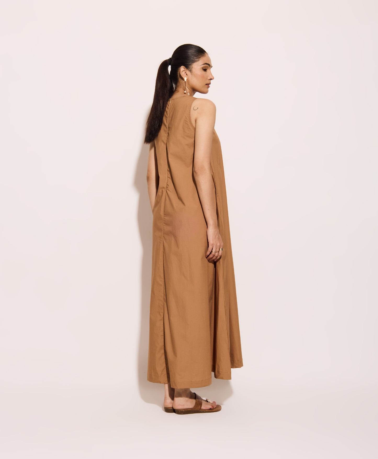 Beige Cotton Poplin Long Swing Dress