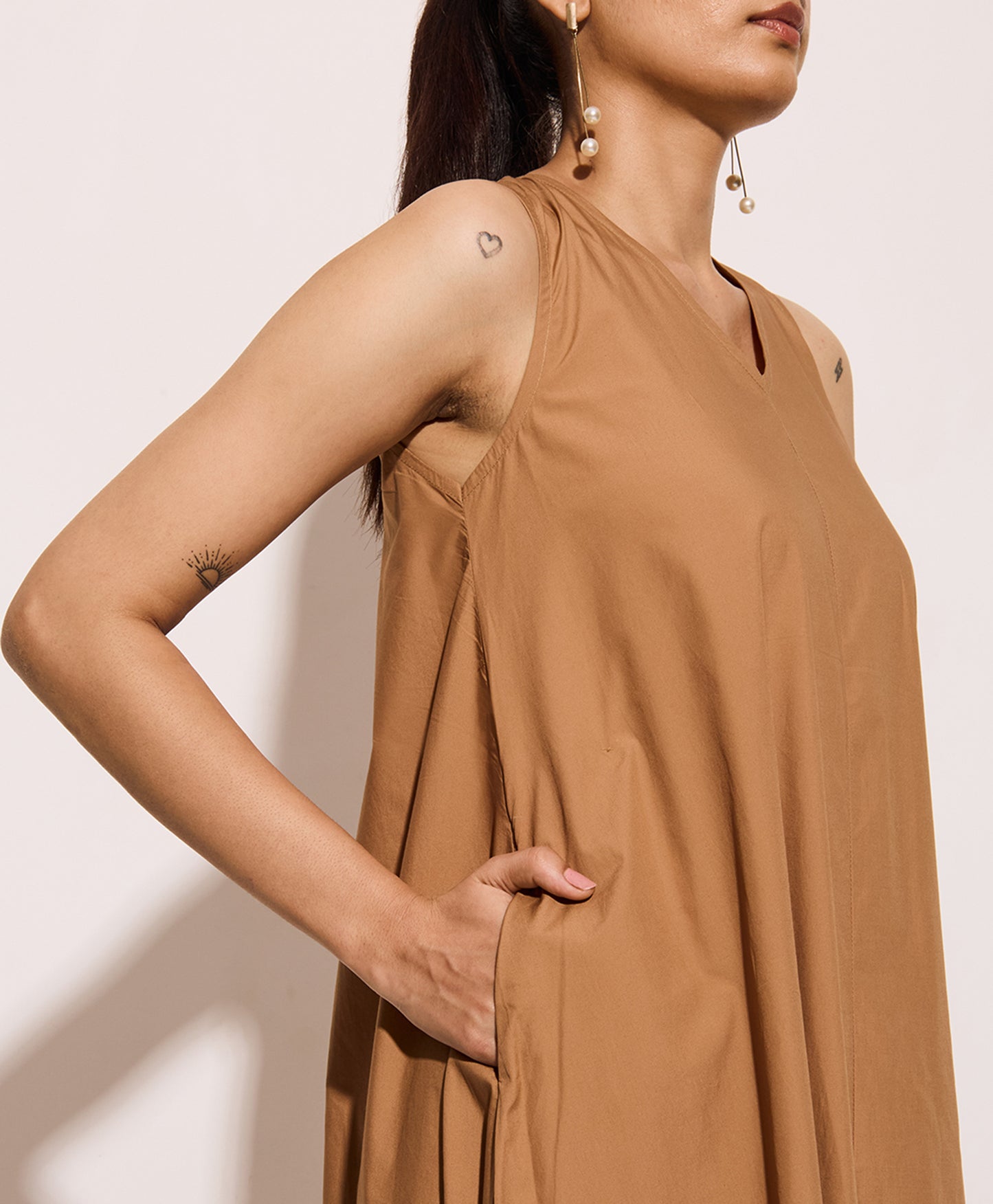 Beige Cotton Poplin Long Swing Dress