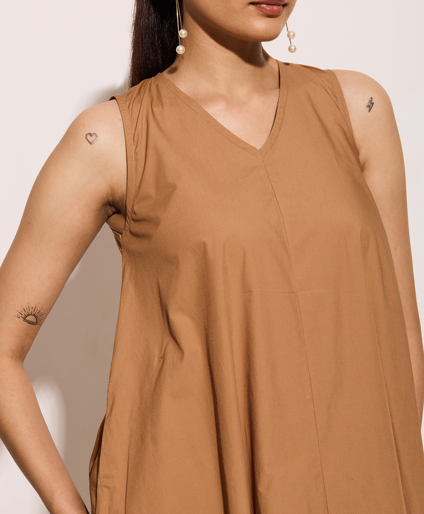 Beige Cotton Poplin Long Swing Dress