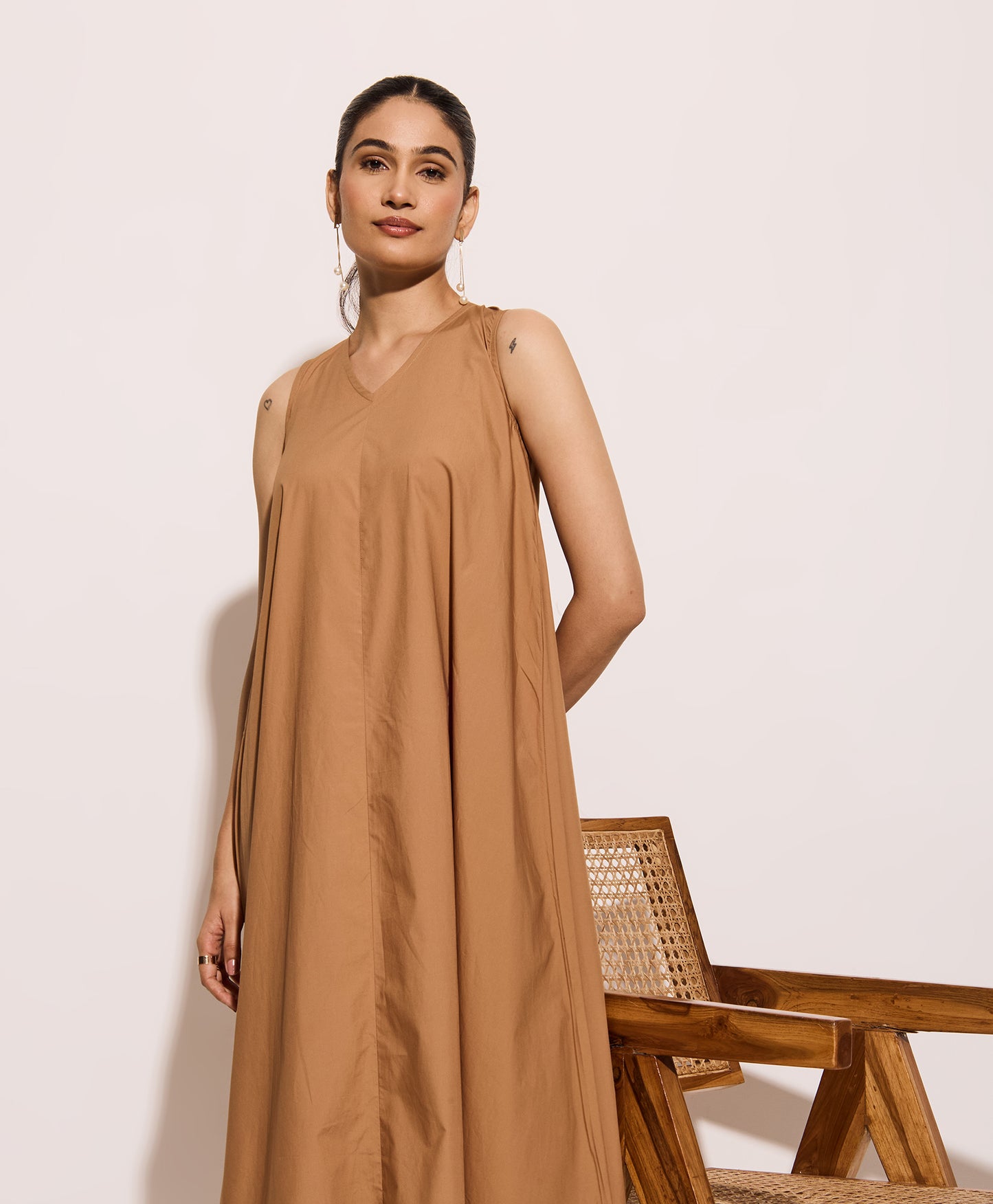 Beige Cotton Poplin Long Swing Dress