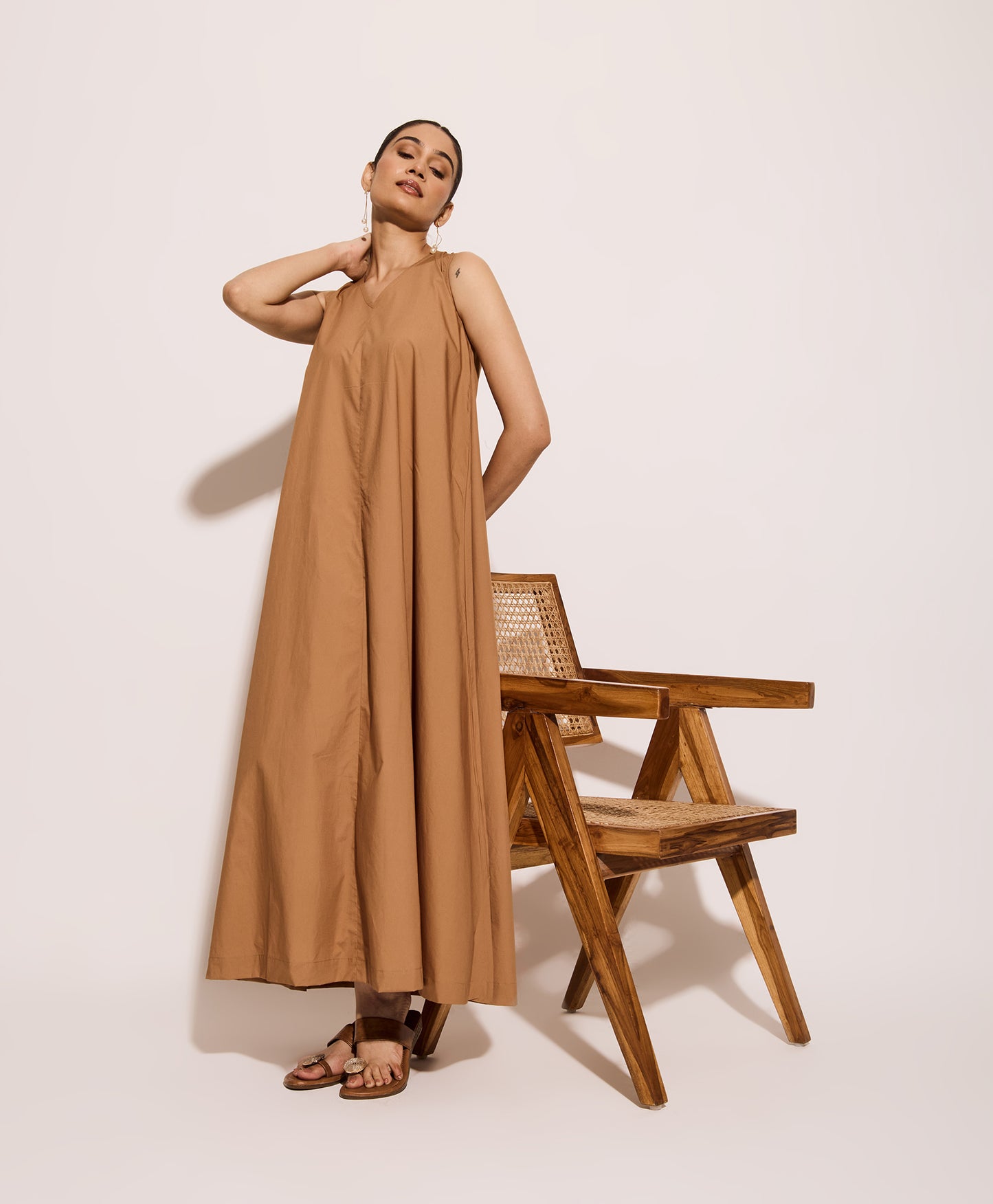 Beige Cotton Poplin Long Swing Dress