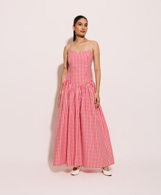 Red Gingham Long Corset Dress