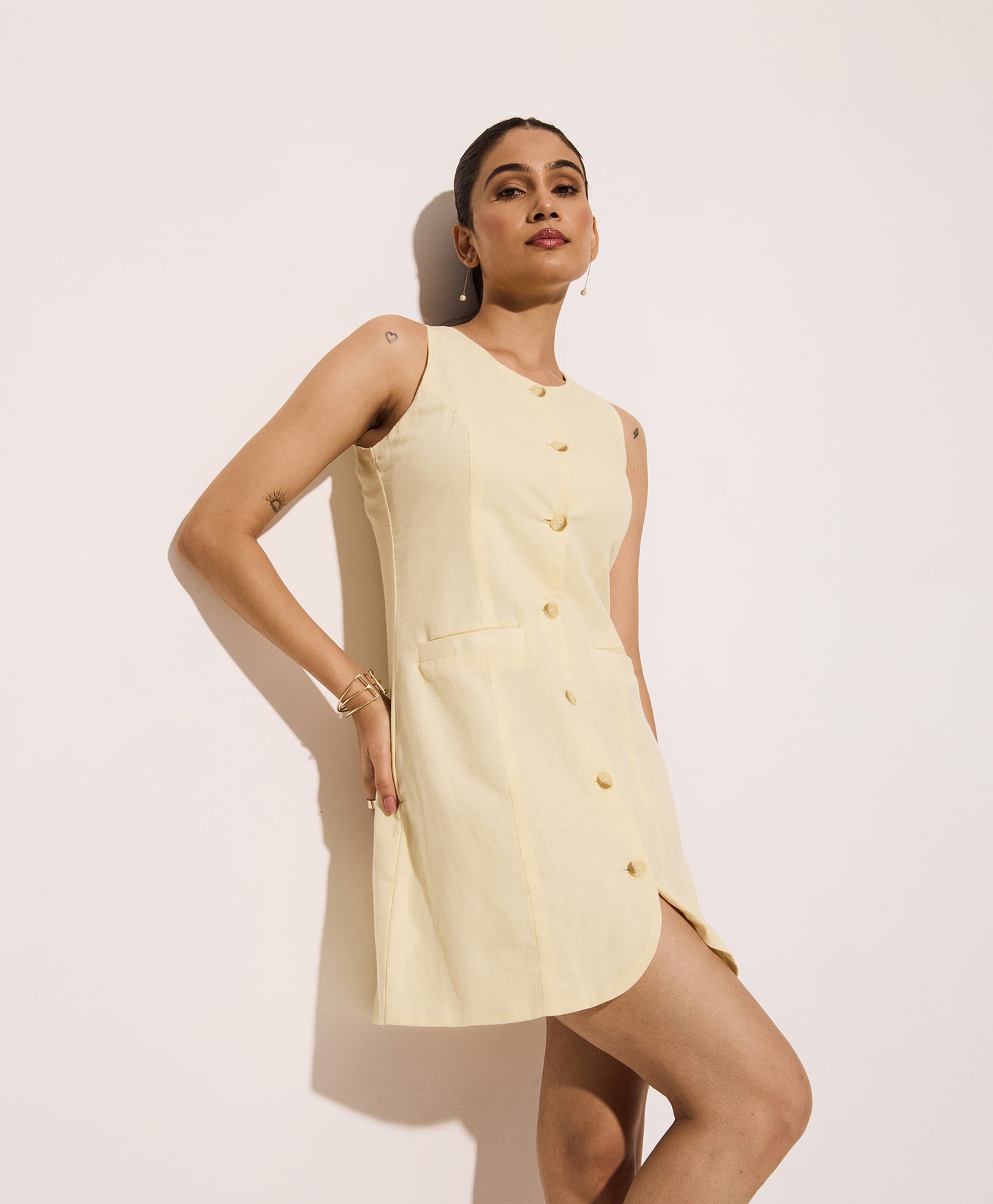 Butter Yellow Vest Linen Short Dress