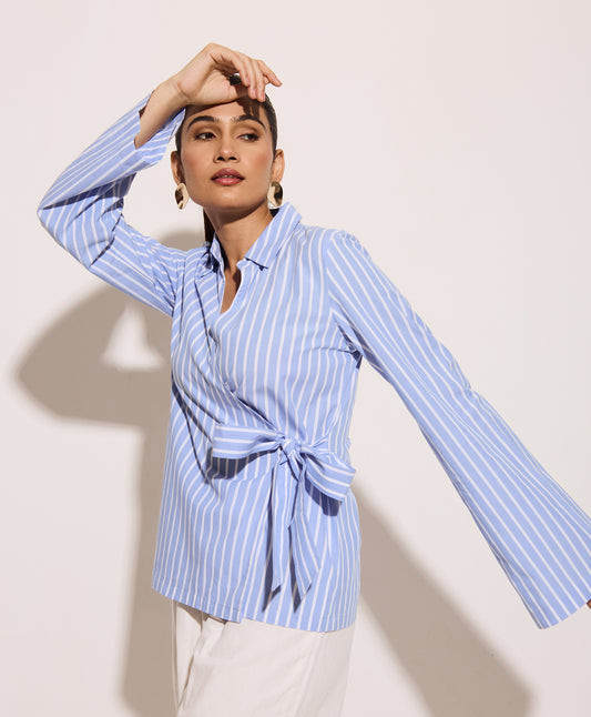 Powder Blue Striped Wrap Shirt