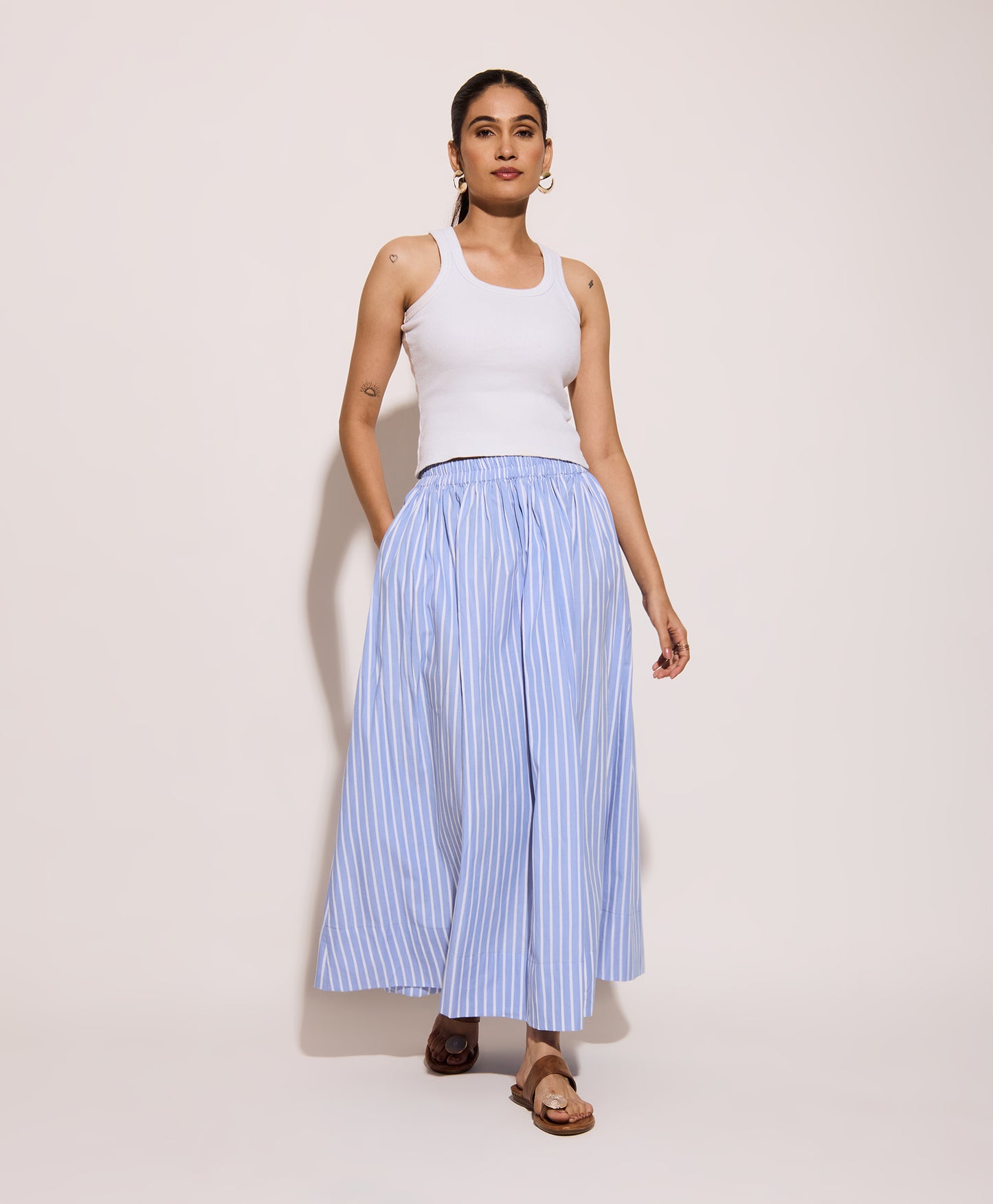 Blue Striped Cotton Poplin Skirt