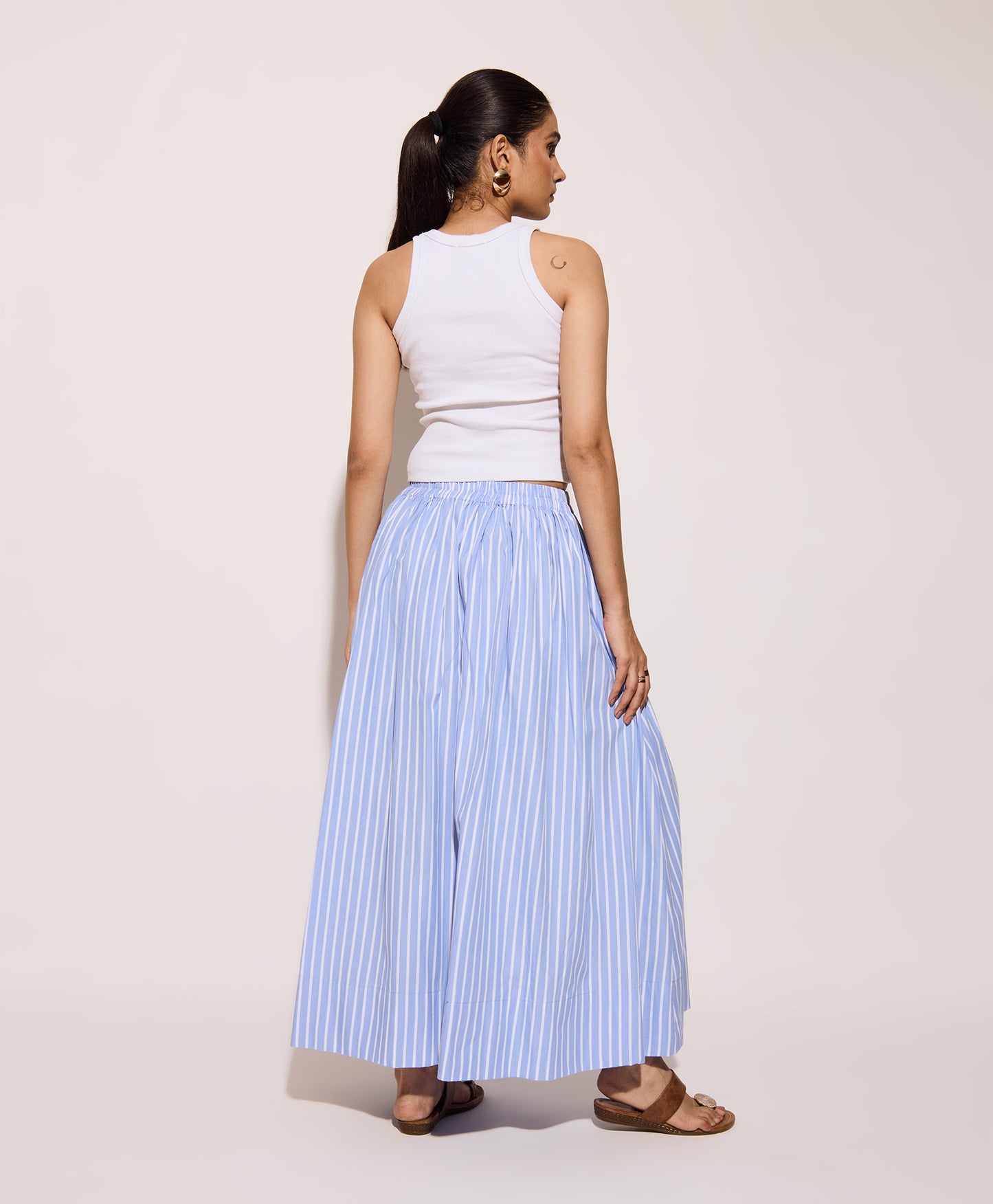 Blue Striped Cotton Poplin Skirt