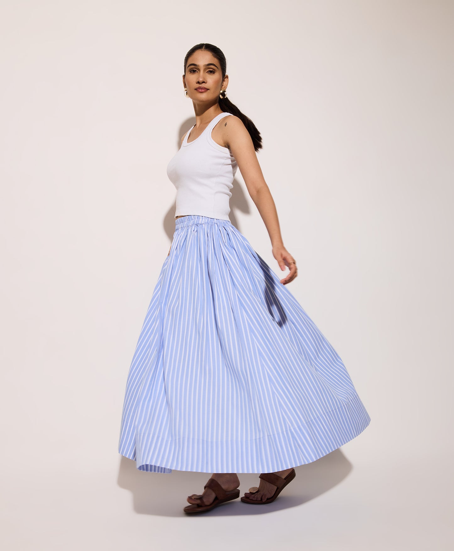 Blue Striped Cotton Poplin Skirt