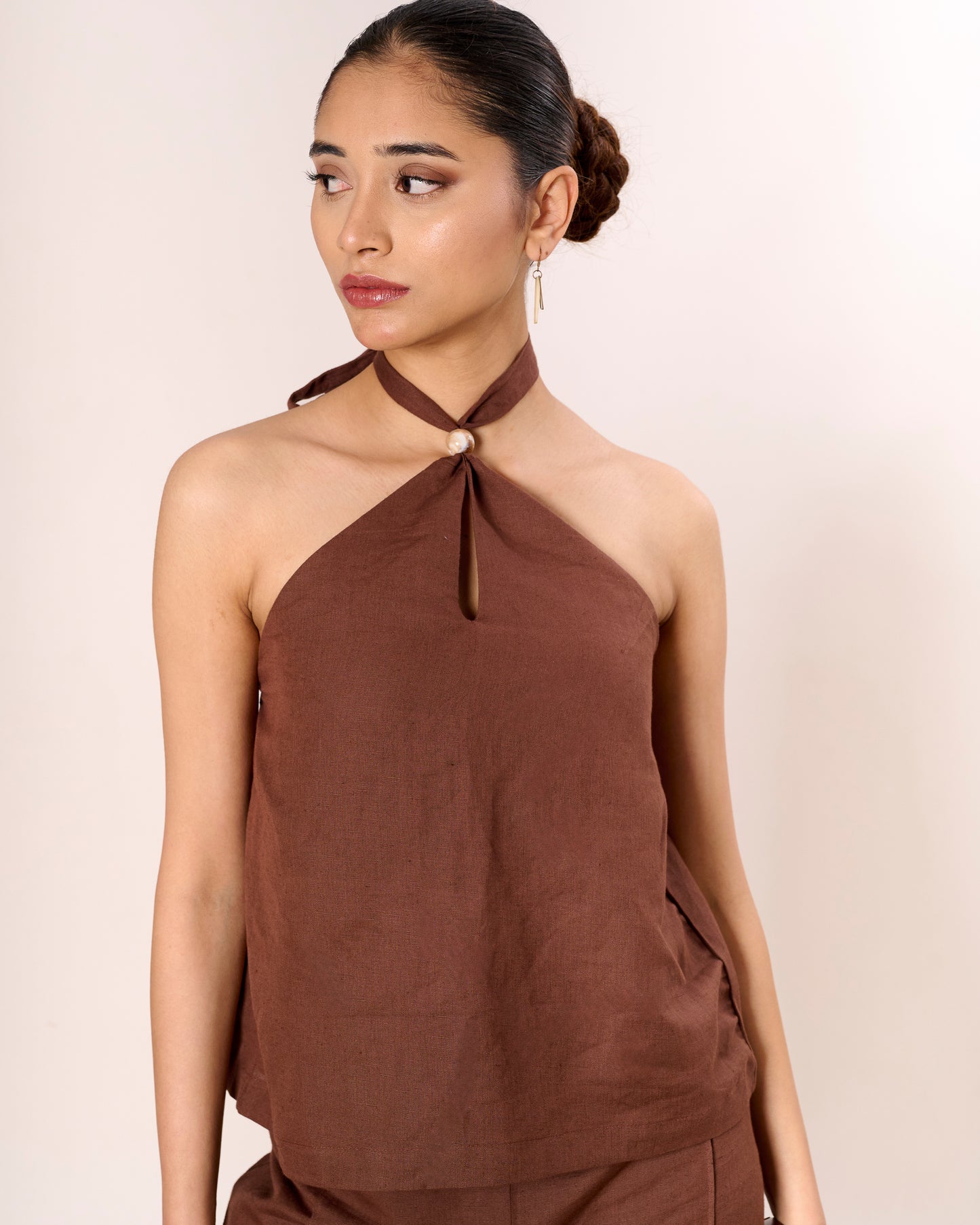 Brown Halter Knot Linen Top