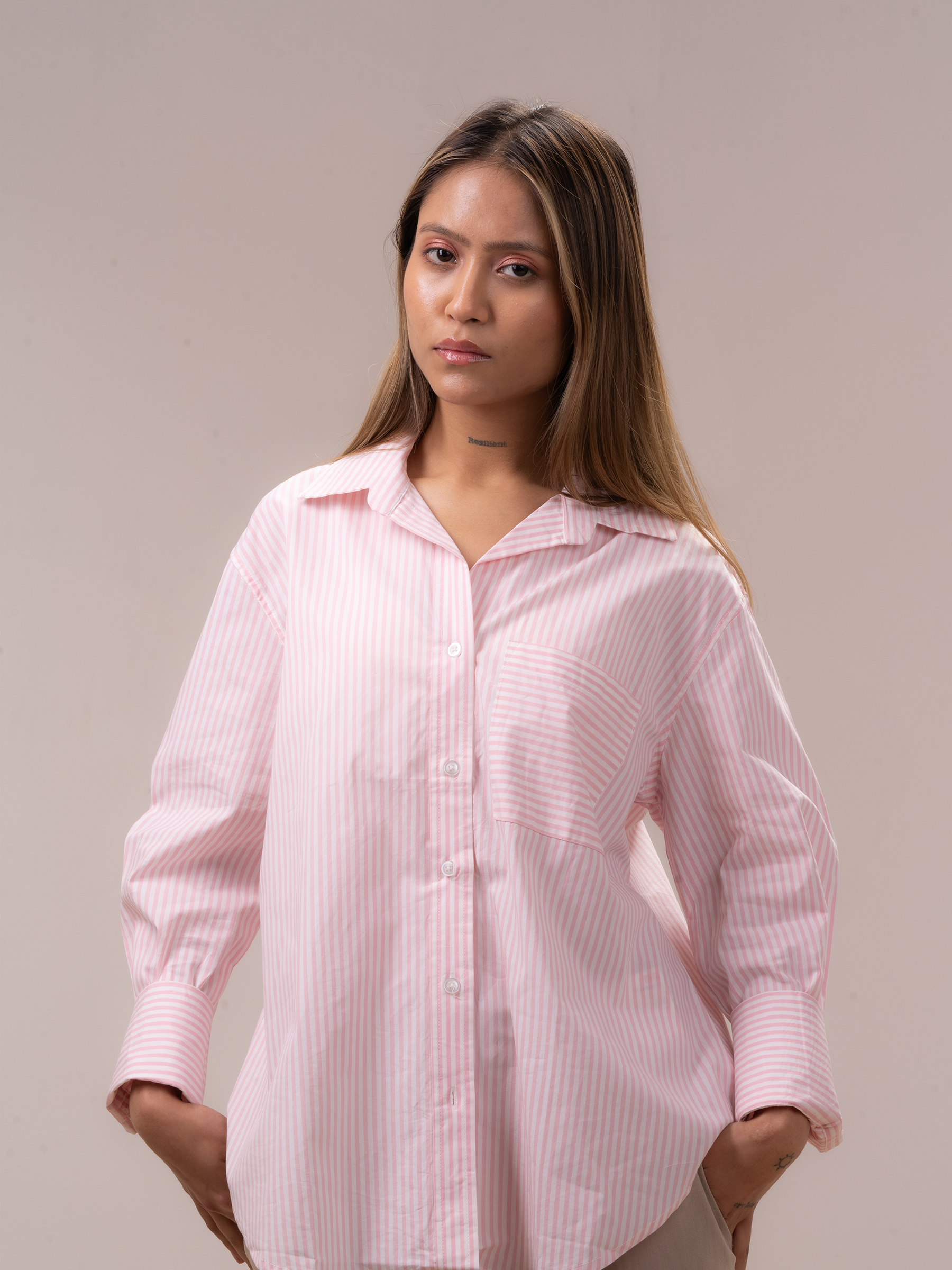 Peach Striped Oversized Shirt - Main Image