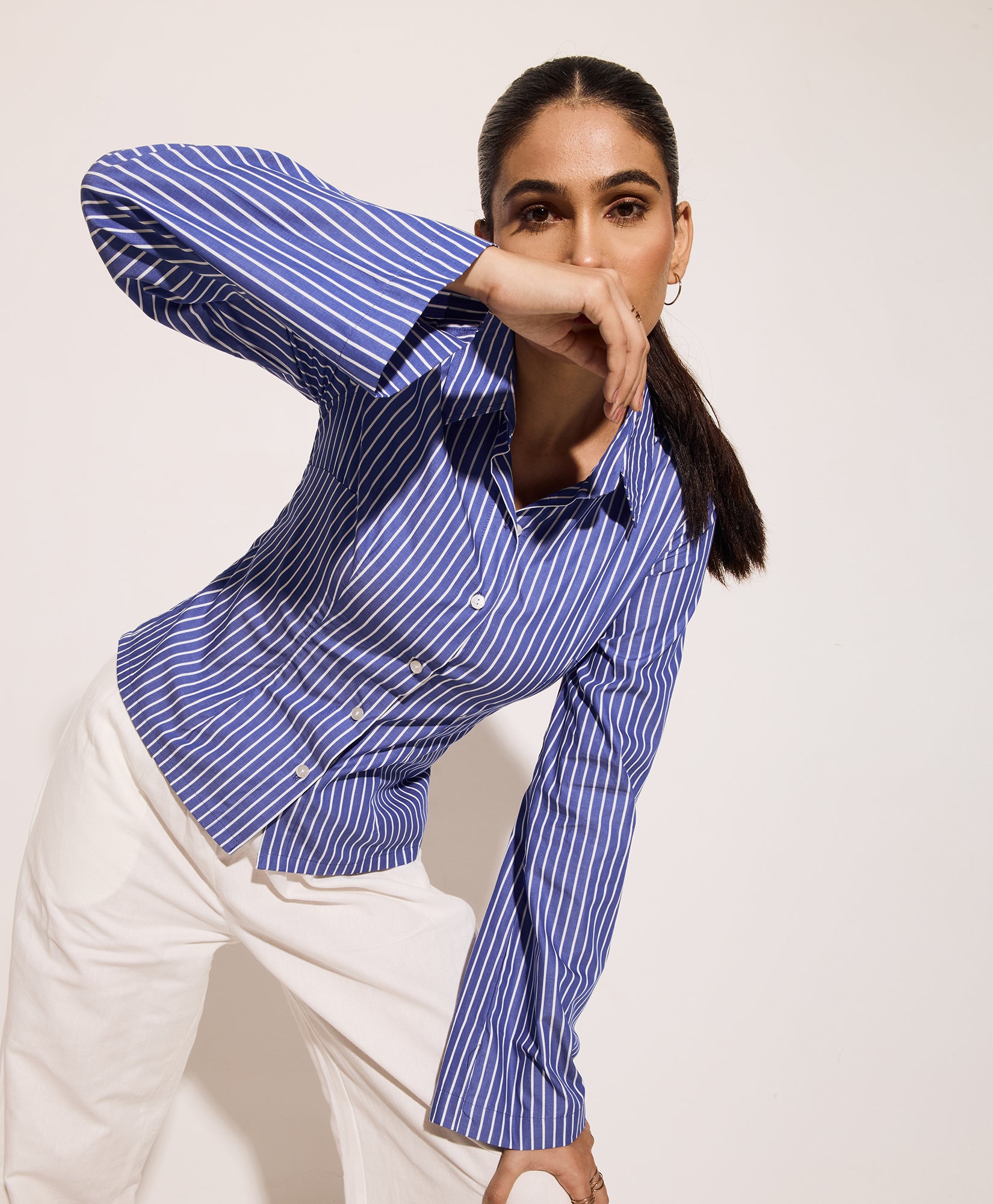 Blue Stripe Fitted Shirt | Tie-back Detail | Bell Sleeves Clofii Blue Stripe Fitted Shirt | Tie-back Detail | Bell Sleeves Clofii