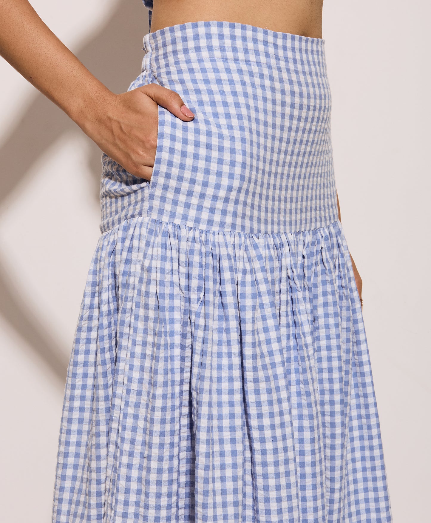 Blue and white checkered skirt