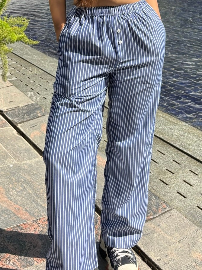 Blue Striped Poplin Pants