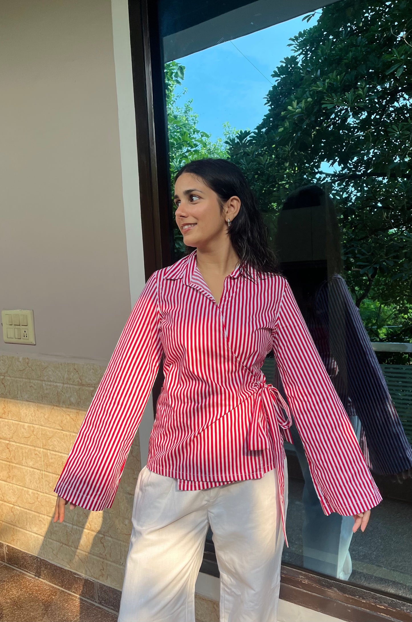 Red Striped Wrap Shirt