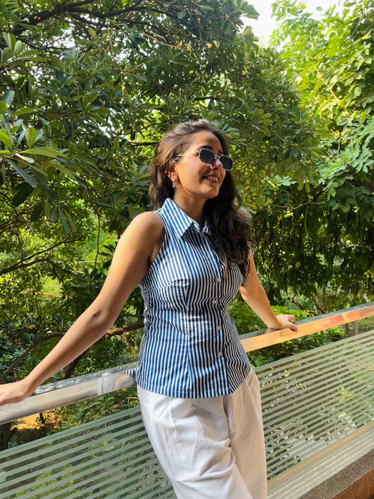 Blue Halter Neck Slim Fit Shirt – Cotton Shirt with Tie-Back Detail