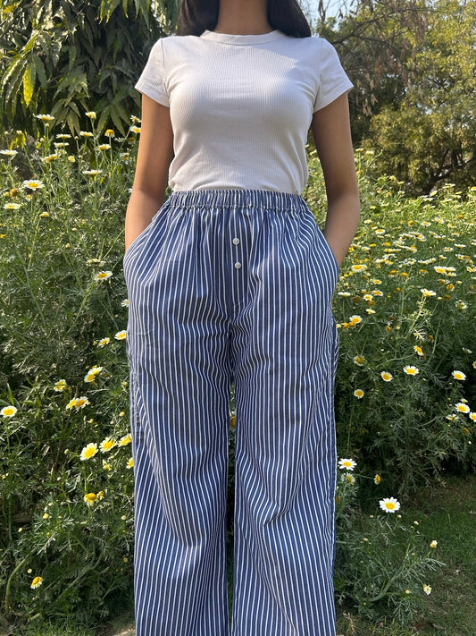 Blue Striped Poplin Pants