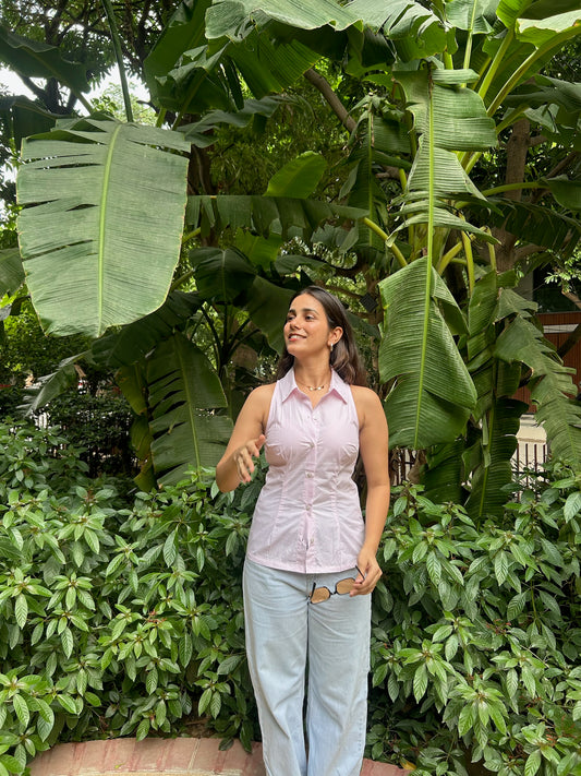 Baby Pink Striped Halter Neck Fitted Shirt –  Tie-Back Detail