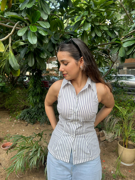 Lavender Halter Neck Fitted Shirt –  Tie-Back Detail