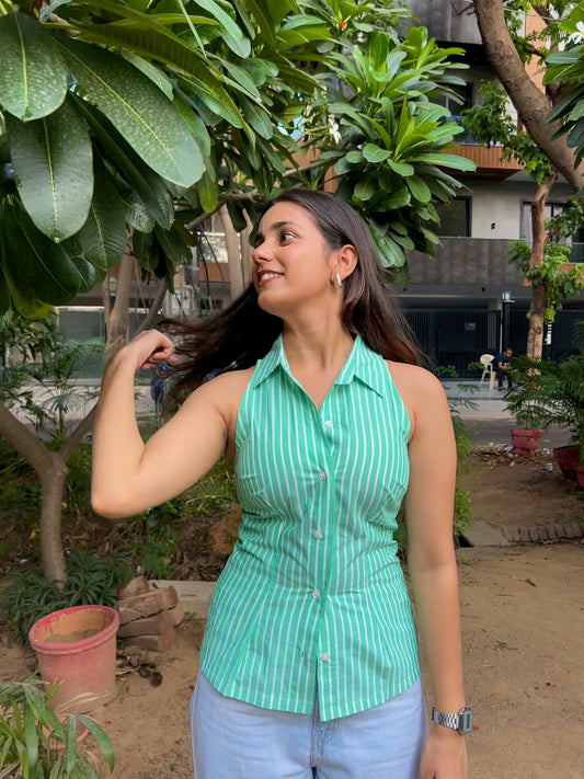 Green Halter Neck Fitted Shirt –  Tie-Back Detail