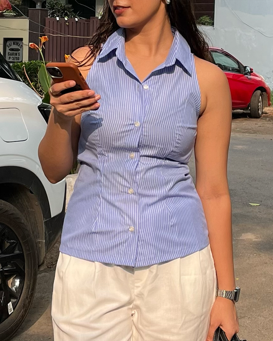 Light Blue Striped Halter Neck Fitted Shirt –  Tie-Back Detail