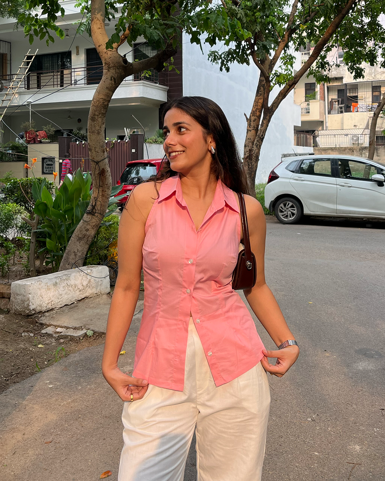 Powder Pink Halter Neck Fitted Shirt –  Tie-Back Detail