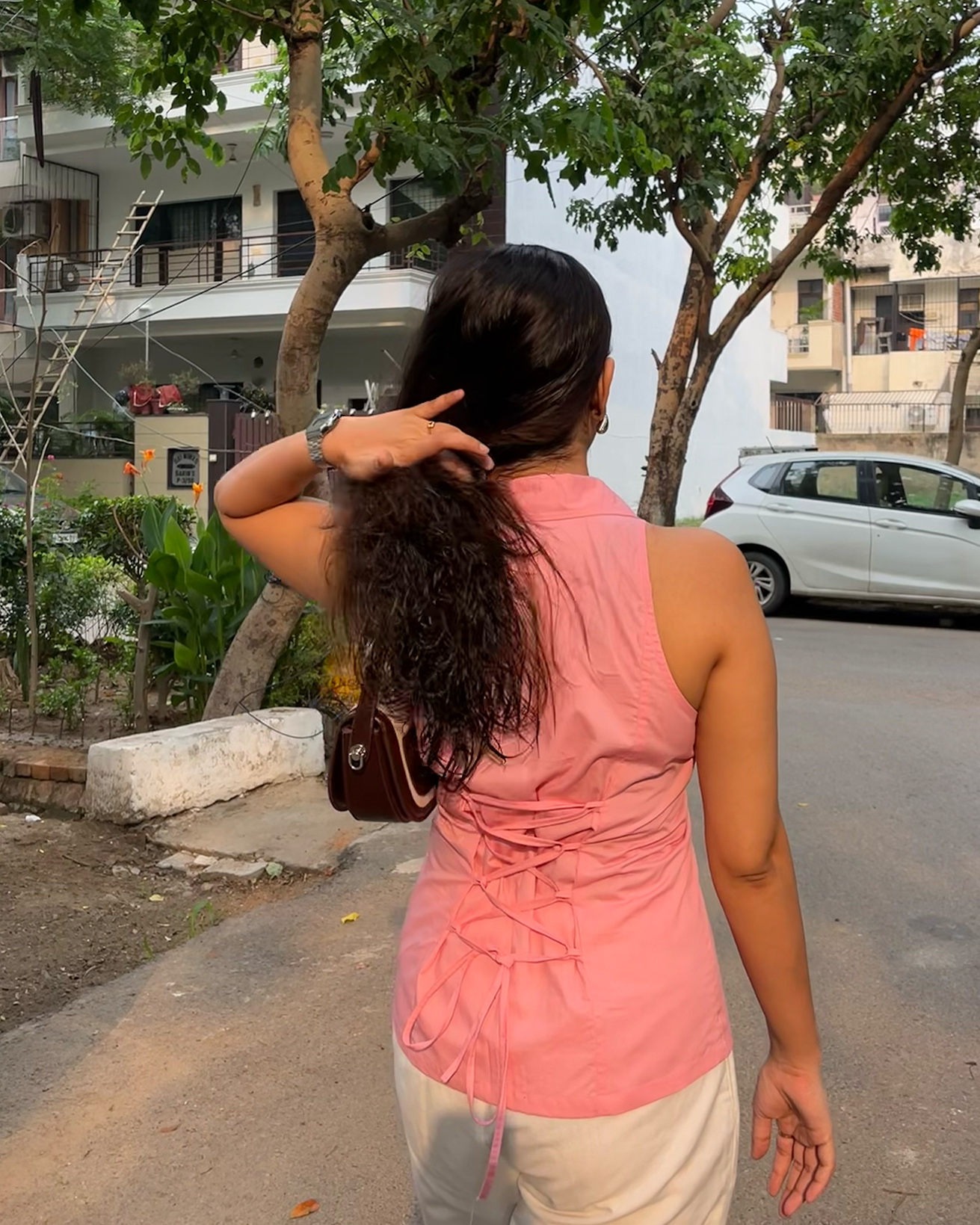 Powder Pink Halter Neck Fitted Shirt –  Tie-Back Detail