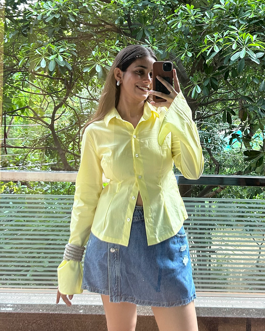 Yellow Fitted Shirt – Cotton Poplin Shirt with Tie-Back Detail