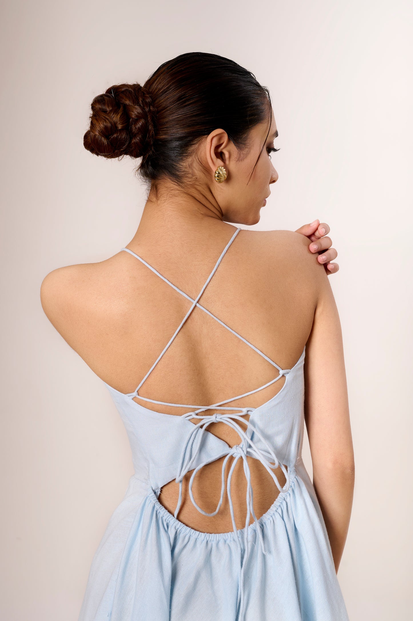 Powder blue Linen Tie-Back Short Dress