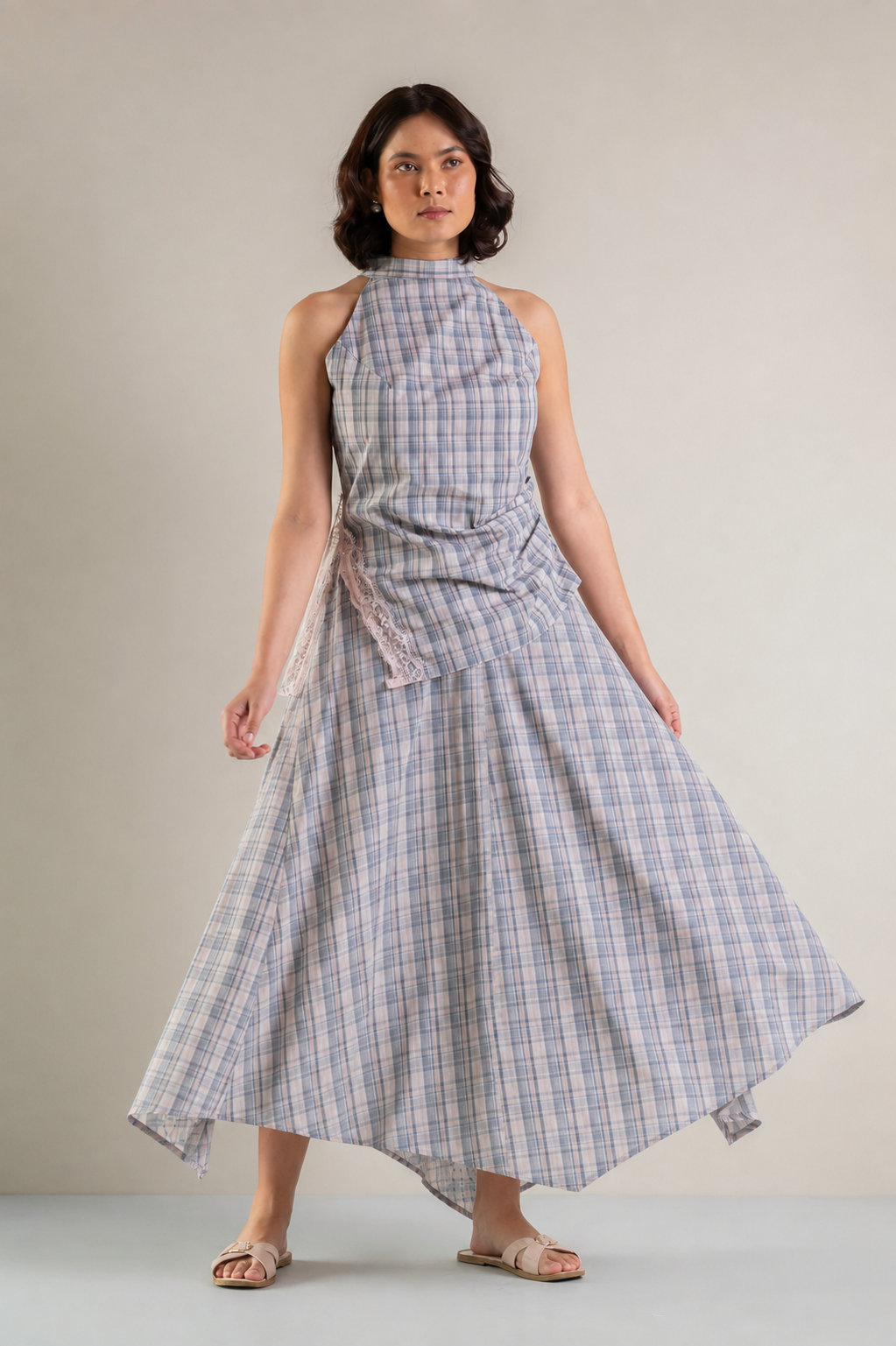 The Handkerchief Skirt- Pink Grey Check