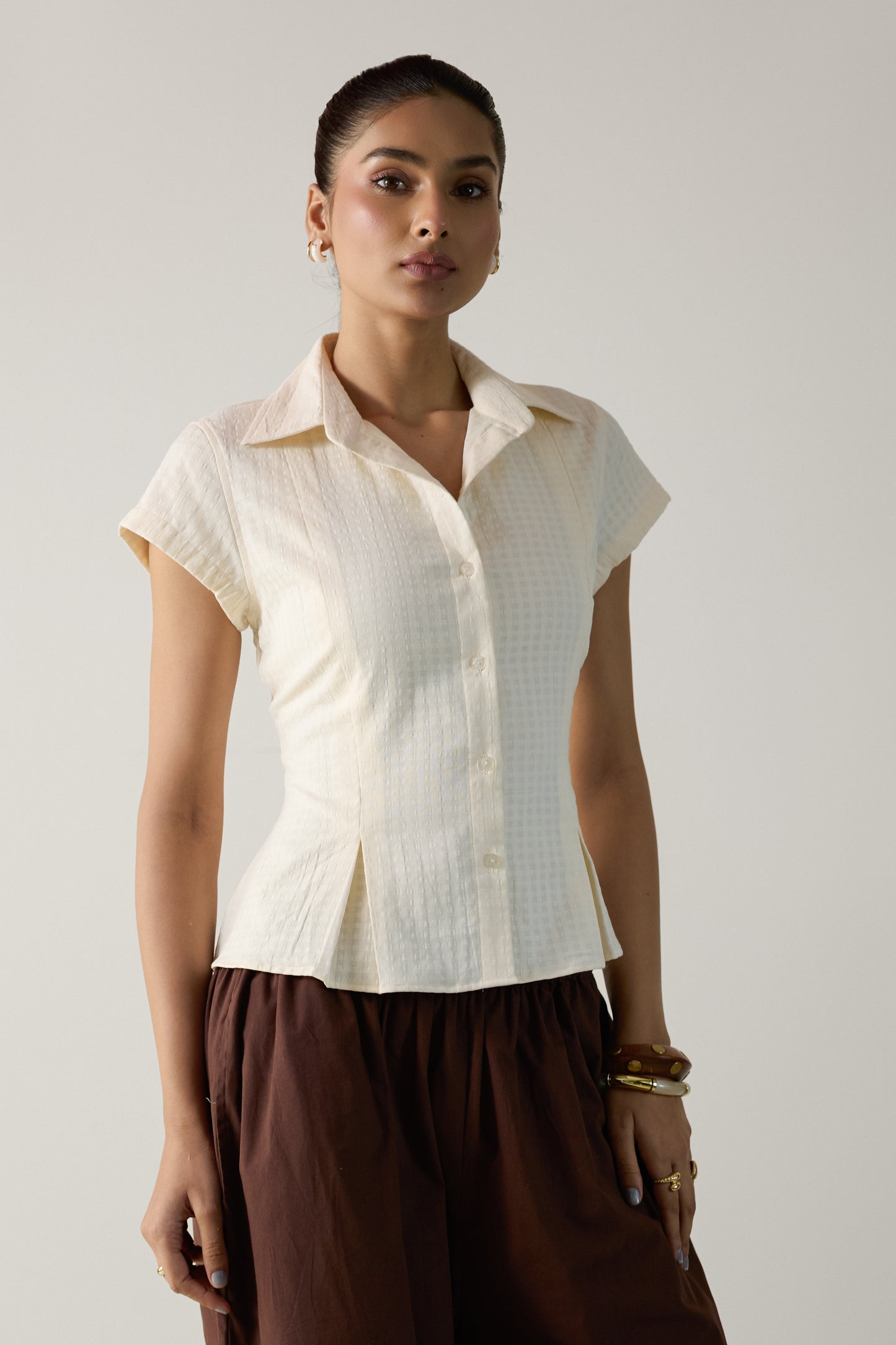 The Pleated Cinch Shirt- Butter White
