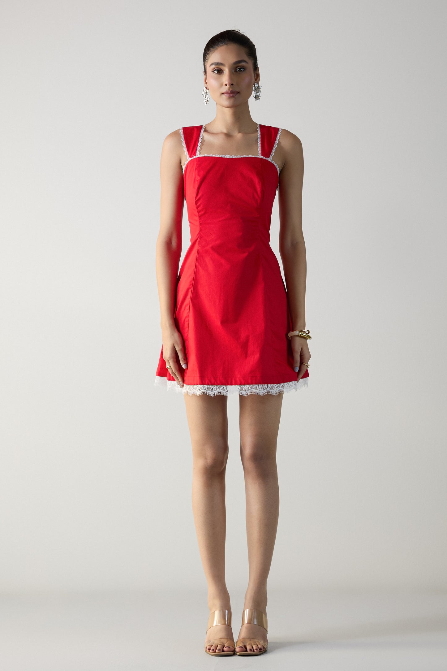 The Soft Frill Mini Dress- Goji Red