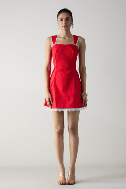 The Soft Frill Mini Dress- Goji Red