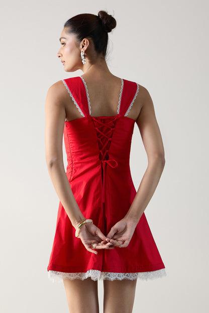 The Soft Frill Mini Dress- Goji Red