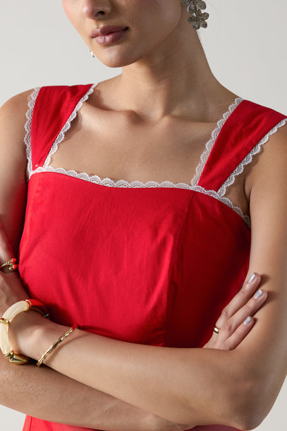 The Soft Frill Mini Dress- Goji Red