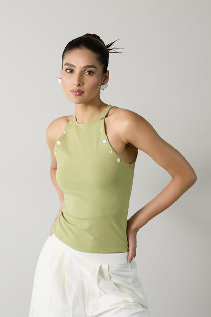 Shell Button Top- Sage Green